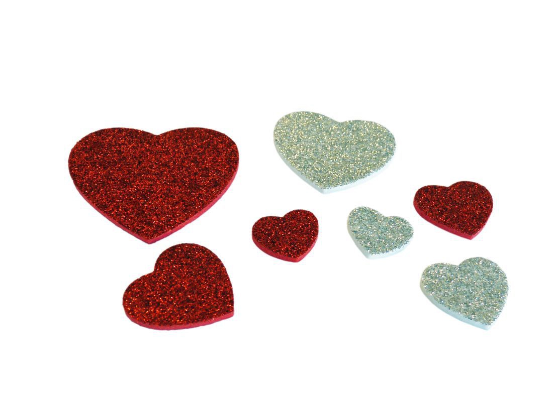 Moosgummi Glitter-Herzen rot und silber Moosgummi Glitter-Herzen rot und silber