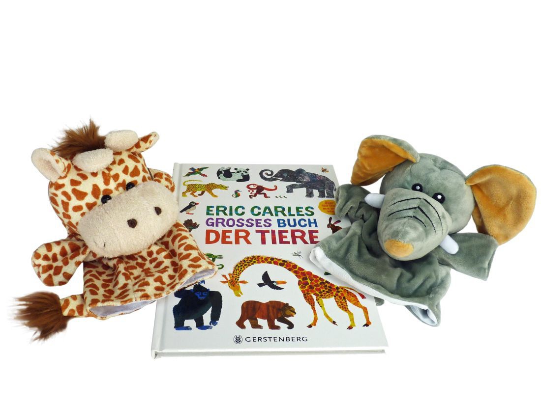 Buch und Handschuhtiere Elefant und Giraffe